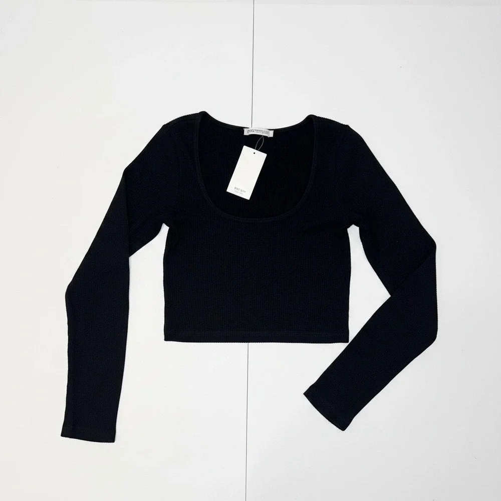 Zara Ribbed Long Sleeve Scoop Neck Crop Top Women XS Black